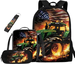 Ystardream 4th of July Backpacks for BoysTractor Bookbag and Lunch Box Set Lightweight Elementary School Bag with Comfortable Padded Straps for Student Pencil Case Easy to Carry