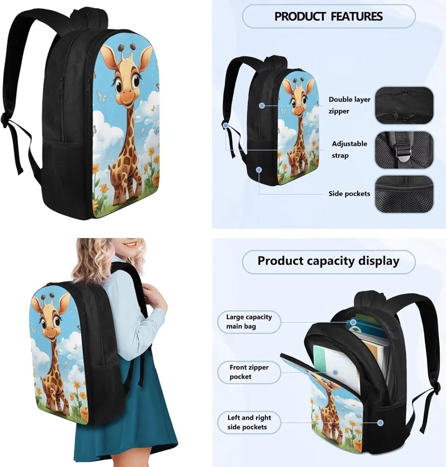 Ystardream Cartoon Giraffe Bookbags for 7Th Grade Girls Backpack and Lunch Bag Set for Girls Kids Teen Toddler Elegant Elementary Middle Back Pack with Bookmark Children 8 9 10 11 12 13 14 15 T