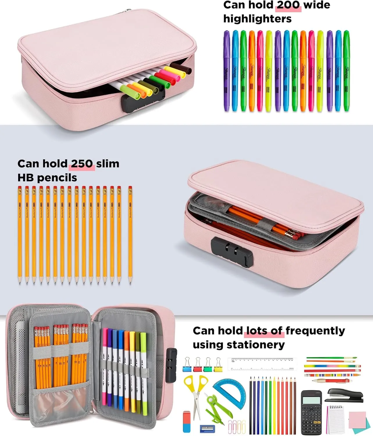 Zannaki Large Capacity Pencil Pouch Case with Lock, Pen Marker Stationery Bag Art Supply Storage Organizer Box for Bullet Journal Middle High School College Student Teen Girl Boy Women Adult, Pink