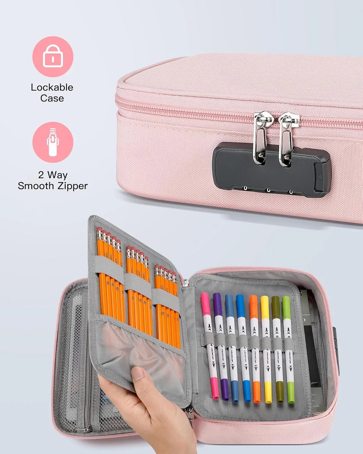 Zannaki Large Capacity Pencil Pouch Case with Lock, Pen Marker Stationery Bag Art Supply Storage Organizer Box for Bullet Journal Middle High School College Student Teen Girl Boy Women Adult, Pink