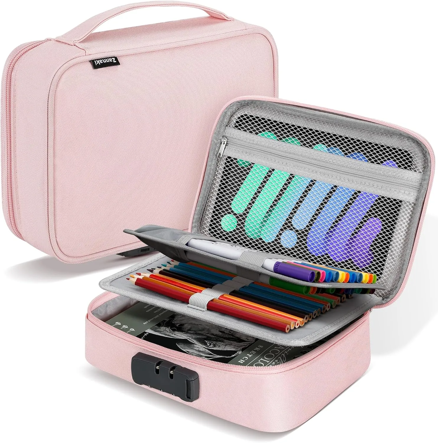 Zannaki Large Capacity Pencil Pouch Case with Lock, Pen Marker Stationery Bag Art Supply Storage Organizer Box for Bullet Journal Middle High School College Student Teen Girl Boy Women Adult, Pink