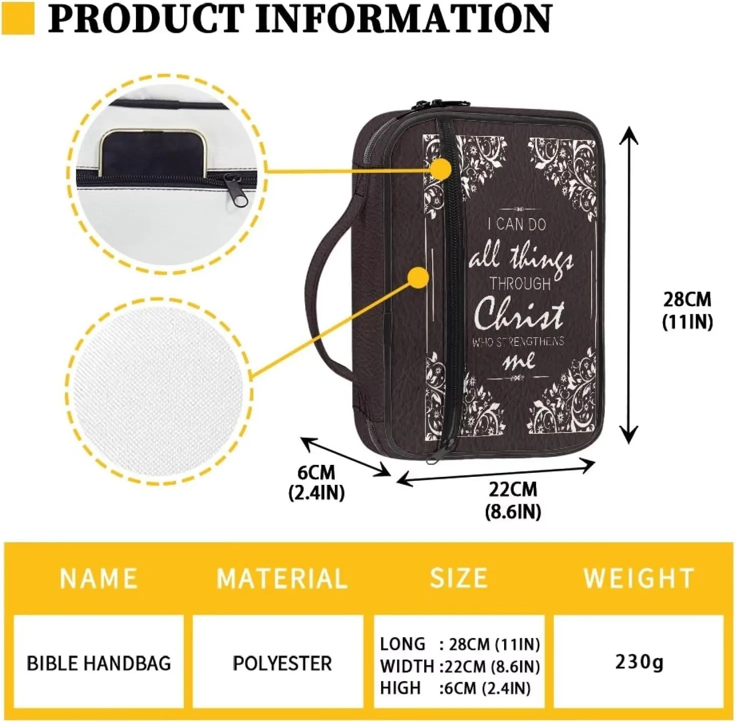 Zippered Bible Covers for Women & Men,I can Do All Things Through Christ Who Strengthens Me, Large Size Bible Study Supplies Bible Book Carrying Case Protective with Handles