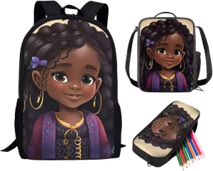 ZOUTAIRONG Black African Girls Backpack and Lunch Box Set 3 in 1, Magic American Afro School Bags Age 6-8/8-10/12-14 Year Old,Kids Bookbag Lunchbag Pencil Case